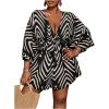 imageSOLY HUX Womens Plus Size Romper Striped V Neck Tie Front 34 Sleeve Loose Short JumpsuitBlack Printed
