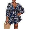 imageSOLY HUX Womens Plus Size Romper Striped V Neck Tie Front 34 Sleeve Loose Short JumpsuitDark Blue Printed