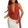 imageSOLY HUX Womens Sexy Deep V Neck Halter Tops Y2K Cowl Neck Backless Chiffon Summer Crop Top for Going Out ClubwearRust Brown