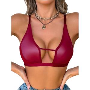 imageSOLY HUX Bras for Women PU Leather Bra Contrast Mesh Comfort BraletteSolid Burgundy