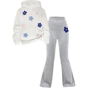 imageSOLY HUX Girls 2 Piece Outfit Floral Applique Long Sleeve Hoodie and Flared Sweatpants Cute SetMulticolor Floral