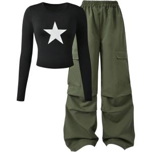 imageSOLY HUX Girls 2 Piece Outfit Star Print Crew Neck Long Sleeve T Shirt and Cargo Pants SetArmy Green Star