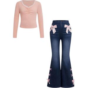 imageSOLY HUX Girls 2 Piece Outfits Long Sleeve Lace Trim Tee Tops and Bow Flare Leg Pants SetPink Bow