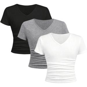 imageSOLY HUX Girls 3 Piece Summer Ruched Short Sleeve V Neck Tee T Shirts Basic Fitted Tops Cute ClothesBlack Grey White