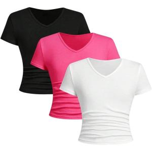 imageSOLY HUX Girls 3 Piece Summer Ruched Short Sleeve V Neck Tee T Shirts Basic Fitted Tops Cute ClothesHot Pink White Black