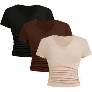 imageSOLY HUX Girls 3 Piece Summer Ruched Short Sleeve V Neck Tee T Shirts Basic Fitted Tops Cute ClothesKhaki Brown Black