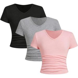 imageSOLY HUX Girls 3 Piece Summer Ruched Short Sleeve V Neck Tee T Shirts Basic Fitted Tops Cute ClothesPink Grey Black