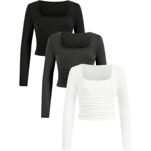 imageSOLY HUX Girls 3 Piece T Shirt Ruched Square Neck Long Sleeve Tee Slim Fit Solid TopsMulticoloured
