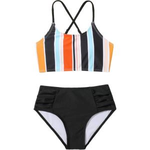 imageSOLY HUX Girls Bikini Sets Striped Color Block Criss Cross Spaghetti Strap Bathing Suits Two Piece SwimsuitMulticoloured Striped