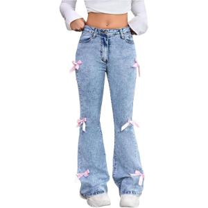 imageSOLY HUX Girls Bow Flare Jeans Skinny High Waisted Stretchy Cute Denim Pants