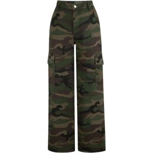imageSOLY HUX Girls Camo Print Denim Pants Flap Pocket Casual Cargo JeansDark Green Camo