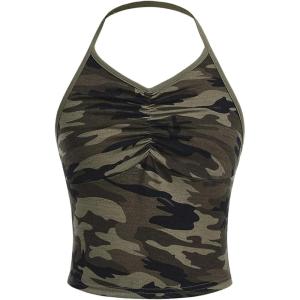imageSOLY HUX Girls Camo Print Ruched Halter Crop Tank Top Sleeveless Summer TopsGreen Camo
