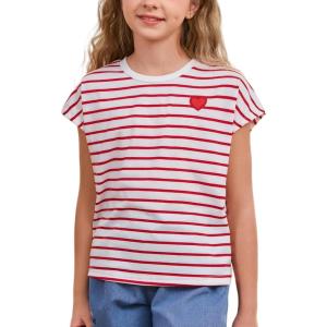 imageSOLY HUX Girls Cute Striped T Shirts Short Sleeve Heart Casual Teen Tee Tops Preppy ClothesRed and White
