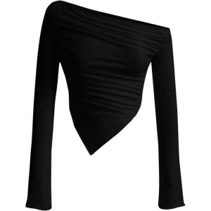 imageSOLY HUX Girls Off Shoulder Long Sleeve Shirts Y2k Asymmetrical Fitted Tee Shirt Crop TopsPure Black