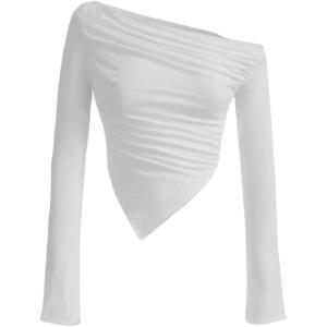imageSOLY HUX Girls Off Shoulder Long Sleeve Shirts Y2k Asymmetrical Fitted Tee Shirt Crop TopsPure White