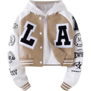 imageSOLY HUX Girls PU Leather Varsity Jacket Color Block Letter Graphic Patchwork Long Sleeve Casual OuterwearKhaki Letter