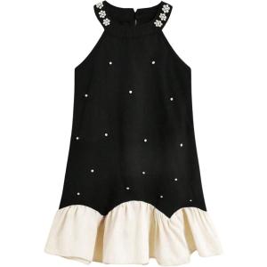 imageSOLY HUX Girls Pearl Halter Dress Sleeveless Ruffle Hem Color Block Cute Birthday Midi DressesBlack and White