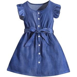 imageSOLY HUX Girls Ruffle Cap Sleeve Dress Crew Neck Button Down Cute Dresses with BeltDark Wash