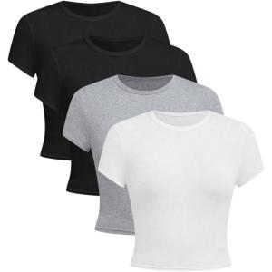 imageSOLY HUX Girls Short Sleeve Shirts 4 Packs Basic TShirts Tight Fitted Summer Tee Crop TopsBlack Grey White