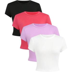 imageSOLY HUX Girls Short Sleeve Shirts 4 Packs Basic TShirts Tight Fitted Summer Tee Crop TopsHot Pink White Black