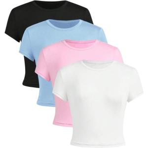 imageSOLY HUX Girls Short Sleeve Shirts 4 Packs Basic TShirts Tight Fitted Summer Tee Crop TopsWhite Pink Blue Black