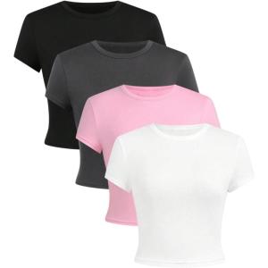 imageSOLY HUX Girls Short Sleeve Shirts 4 Packs Basic TShirts Tight Fitted Summer Tee Crop TopsWhite Pink Grey Black