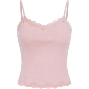 imageSOLY HUX Girls Sleeveless Lace Trim Camisoles Spaghetti Strap Ribbed Crop Tank TopsPlain Light Pink