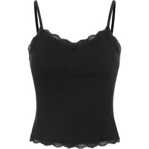 imageSOLY HUX Girls Sleeveless Lace Trim Camisoles Spaghetti Strap Ribbed Crop Tank TopsPure Black