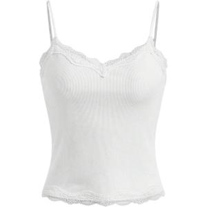imageSOLY HUX Girls Sleeveless Lace Trim Camisoles Spaghetti Strap Ribbed Crop Tank TopsWhite Plain