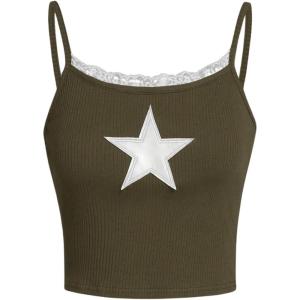 imageSOLY HUX Girls Sleeveless Star Print Lace Trim Camisoles Spaghetti Strap Ribbed Crop Tank TopsArmy Green Star
