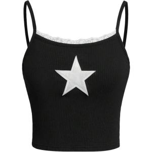imageSOLY HUX Girls Sleeveless Star Print Lace Trim Camisoles Spaghetti Strap Ribbed Crop Tank TopsBlack Star