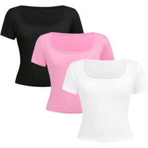 imageSOLY HUX Girls Summer Tops 3 Pack Cute Clothes Short Sleeve Square Neck Regular Fit T Shirts Casual Basic TeesWhite Pink Black