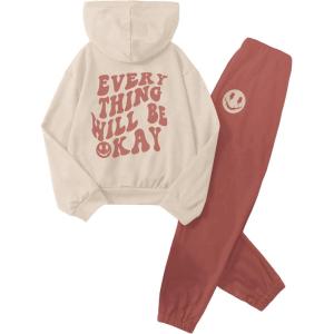 imageSOLY HUX Girls Sweatsuit 2 Piece Outfits Casual Graphic Long Sleeve Hoodies Sweatshirts and Sweatpants Set Fall ClothesApricot and Pink