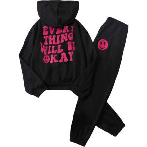 imageSOLY HUX Girls Sweatsuit 2 Piece Outfits Casual Graphic Long Sleeve Hoodies Sweatshirts and Sweatpants Set Fall ClothesBlack Printed