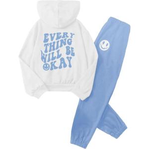 imageSOLY HUX Girls Sweatsuit 2 Piece Outfits Casual Graphic Long Sleeve Hoodies Sweatshirts and Sweatpants Set Fall ClothesBlue and White