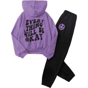 imageSOLY HUX Girls Sweatsuit 2 Piece Outfits Casual Graphic Long Sleeve Hoodies Sweatshirts and Sweatpants Set Fall ClothesPurple and Black