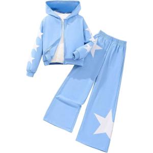 imageSOLY HUX Girls Sweatsuits 2 Piece Outfits Star Graphic Long Sleeve Zip Up Hoodie Jacket and Pants SetBlue Star