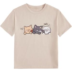 imageSOLY HUX Girls T Shirts Short Sleeve Cute Graphic Tees Crewneck Cartoon Cat Print Summer TopsApricot Cat Print