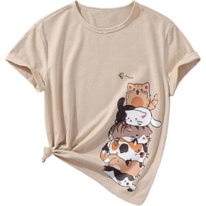 imageSOLY HUX Girls T Shirts Short Sleeve Cute Graphic Tees Crewneck Cartoon Cat Print Summer TopsApricot Graphic