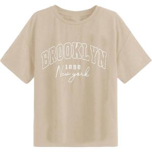 imageSOLY HUX Girls T Shirts Short Sleeve Cute Graphic Tees Crewneck Cartoon Cat Print Summer TopsApricot Letter Print