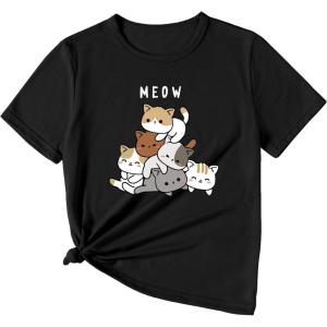 imageSOLY HUX Girls T Shirts Short Sleeve Cute Graphic Tees Crewneck Cartoon Cat Print Summer TopsBlack Letter Cartoon