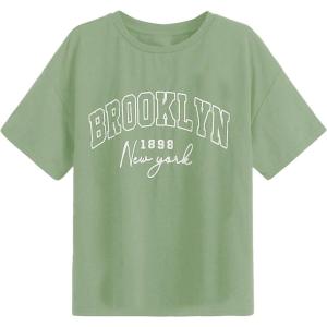 imageSOLY HUX Girls T Shirts Short Sleeve Cute Graphic Tees Crewneck Cartoon Cat Print Summer TopsGreen Letter Print