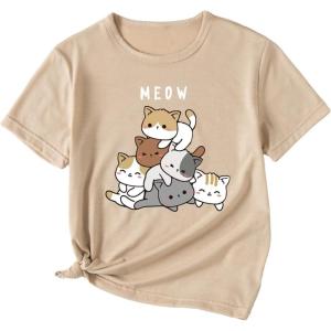 imageSOLY HUX Girls T Shirts Short Sleeve Cute Graphic Tees Crewneck Cartoon Cat Print Summer TopsKhaki Letter Cartoon