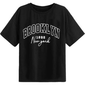 imageSOLY HUX Girls T Shirts Short Sleeve Cute Graphic Tees Crewneck Cartoon Cat Print Summer TopsLetter Print Black