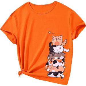 imageSOLY HUX Girls T Shirts Short Sleeve Cute Graphic Tees Crewneck Cartoon Cat Print Summer TopsOrange Graphic