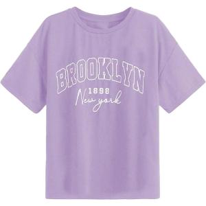 imageSOLY HUX Girls T Shirts Short Sleeve Cute Graphic Tees Crewneck Cartoon Cat Print Summer TopsViolet Purple Letter Print