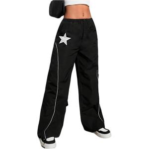 imageSOLY HUX Girls Y2k Baggy Wide Leg Pants Drawstring Waist Trousers with Pocket StreetwearBlack Star