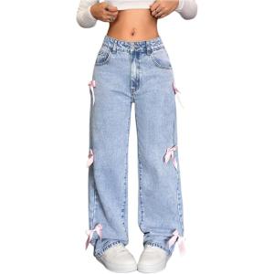 imageSOLY HUX Girls Y2k Bow Jeans Cute Straight Leg Mid Waist Casual Denim PantsBlue Bow