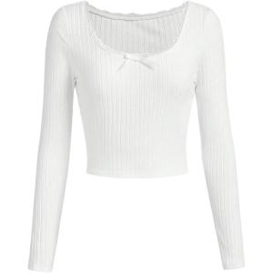 imageSOLY HUX Girls Y2k Lace Trim T Shirt Crop Tops Scoop Neck Long Sleeve Slim Fit TeePlain White