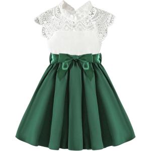 imageSOLY HUX Toddler Girls Contrast Lace Dress Mock Neck Cap Sleeve A Line Flared Belted Short DressesGreen and White